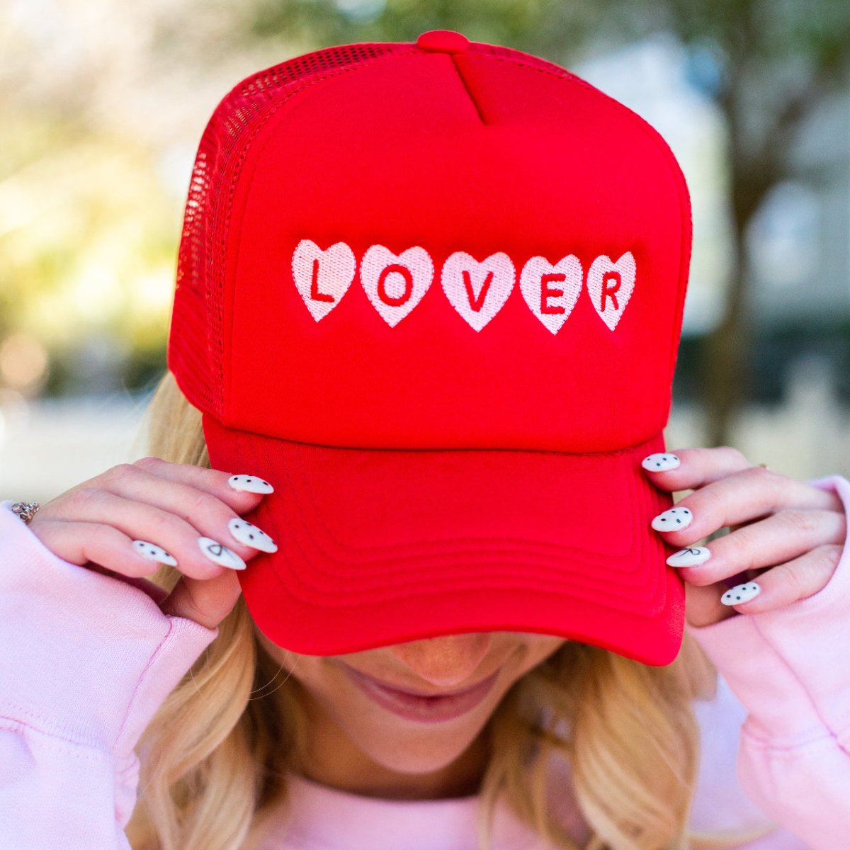 I'm A Lover' Embroidered Hearts Trucker Hat – United Monograms