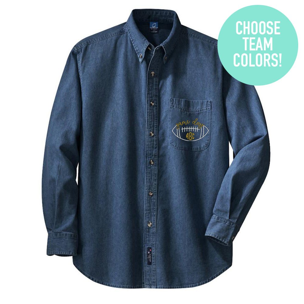 monogrammed dress shirts Monogrammed Football Game Day Oversized Denim Shirt Dark Denim / 2XL