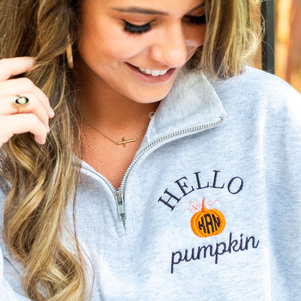 Monogrammed 'Hello Pumpkin' Quarter Zip Sweatshirt – United Monograms