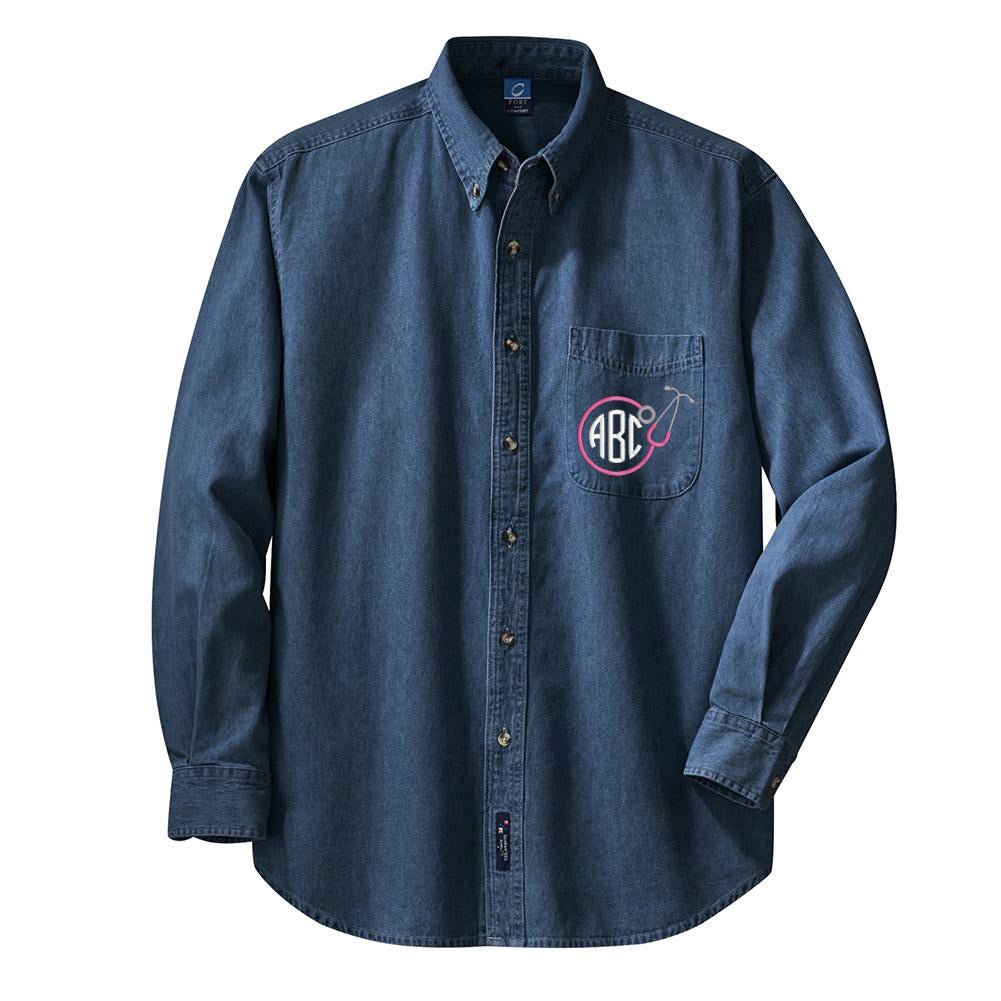monogrammed mens dress shirts Monogrammed Stethoscope Oversized Denim Shirt Dark Denim / XL
