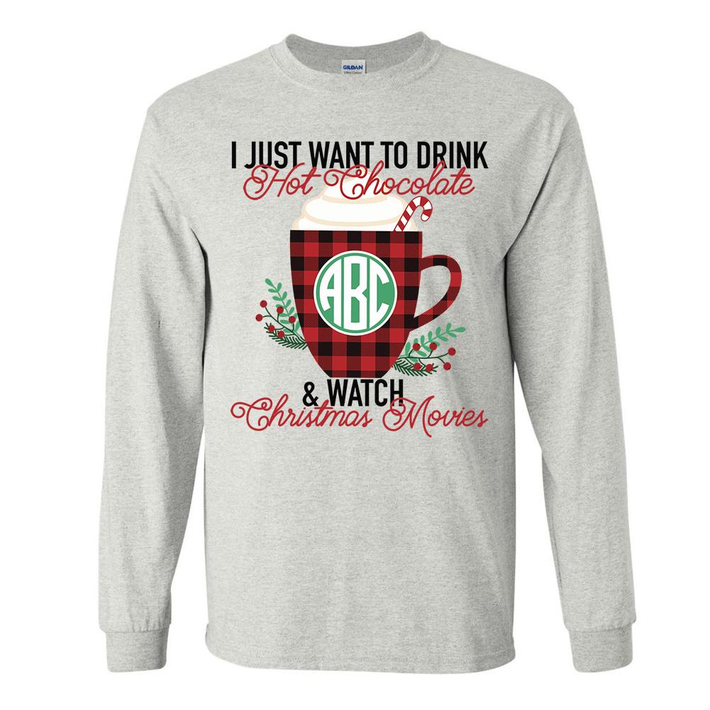 Monogrammed 'Hot Chocolate & Christmas Movies' Basic Long Sleeve T-Shirt