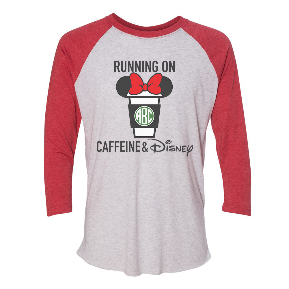 Monogrammed Running On Caffeine & Disney Raglan Baseball Tee