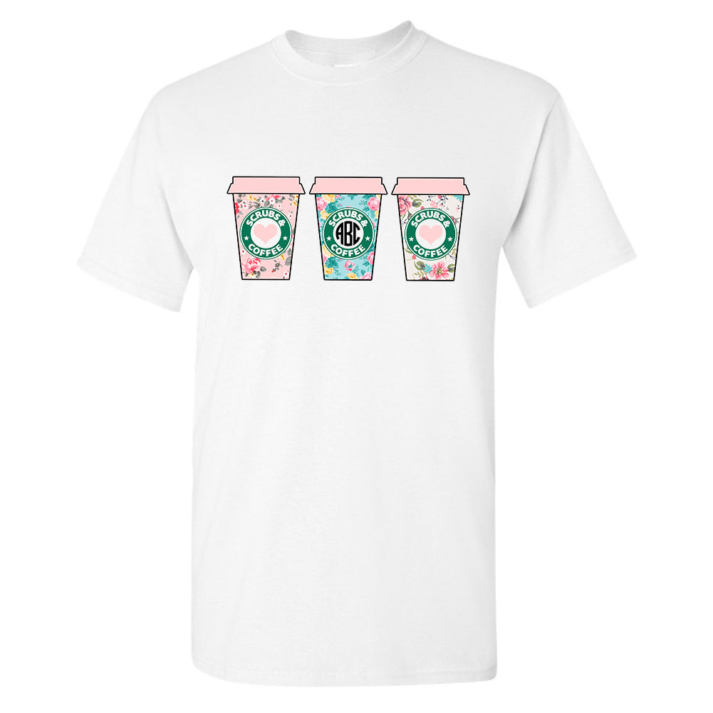 Monogrammed Scrubs & Coffee Nurse Floral T-Shirt