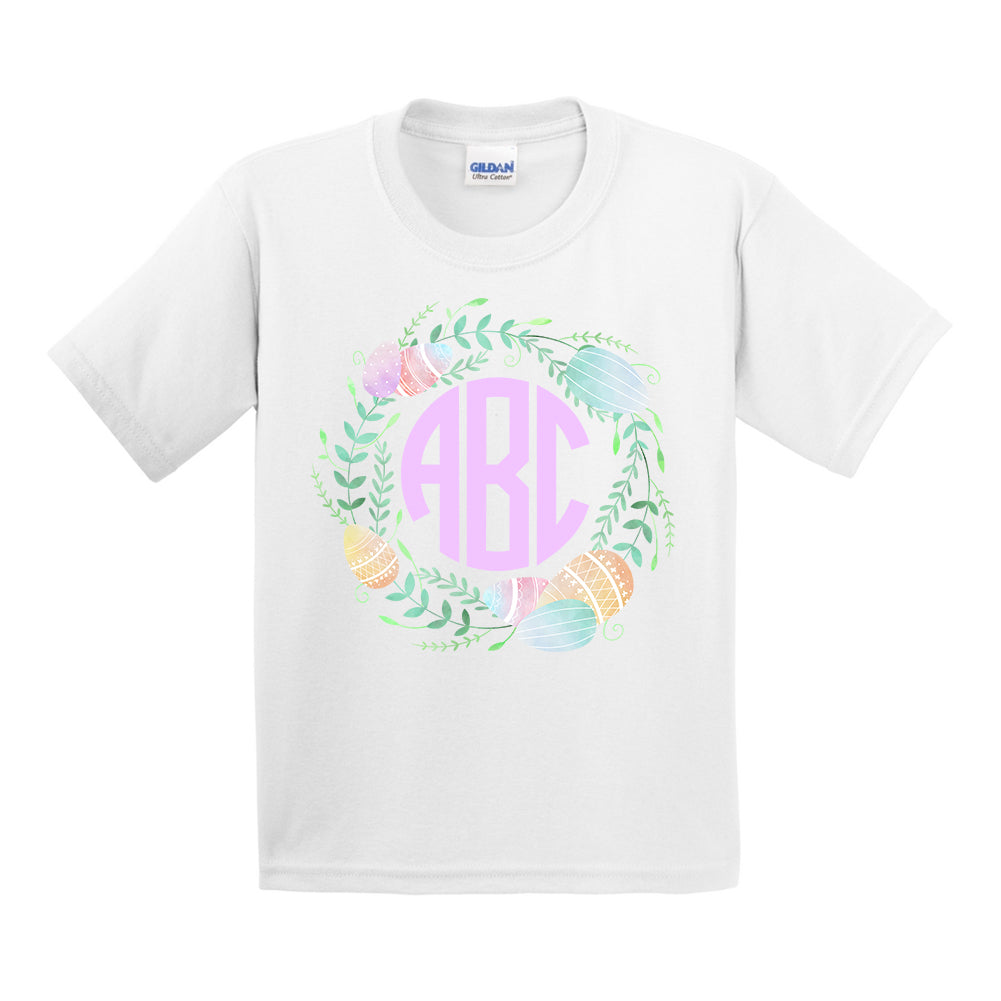 Kids Youth Monogrammed Watercolor Easter Egg Wreath T-Shirt