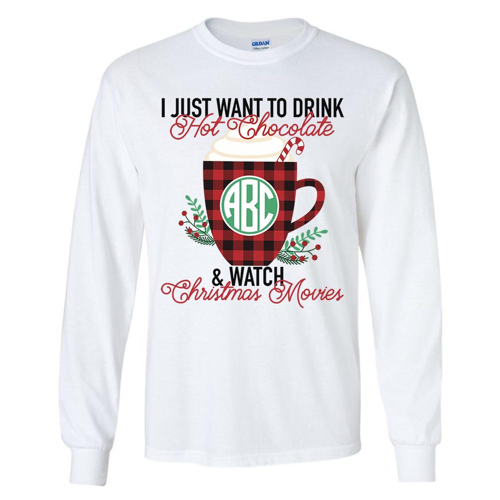 Monogrammed Hot Chocolate & Christmas Movies Long Sleeve Shirt