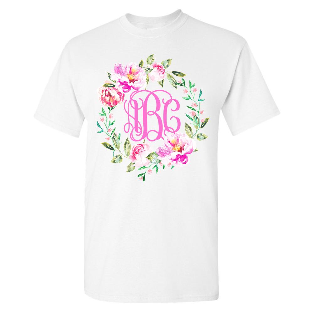 Monogrammed Spring Flowers Wreath T-Shirt