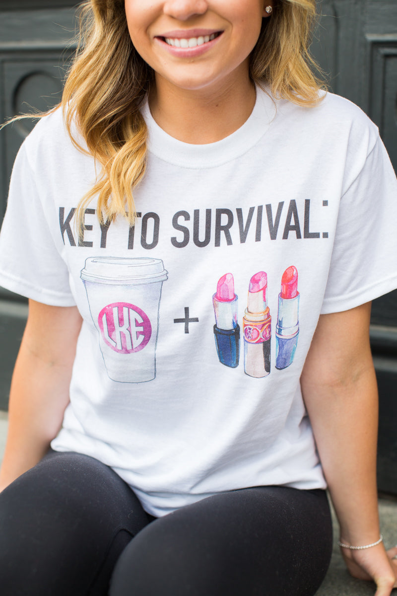 Monogrammed Key To Survival Makeup & Coffee T-Shirt