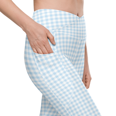 Initialed 'Blue Gingham' Crossover Leggings with pockets