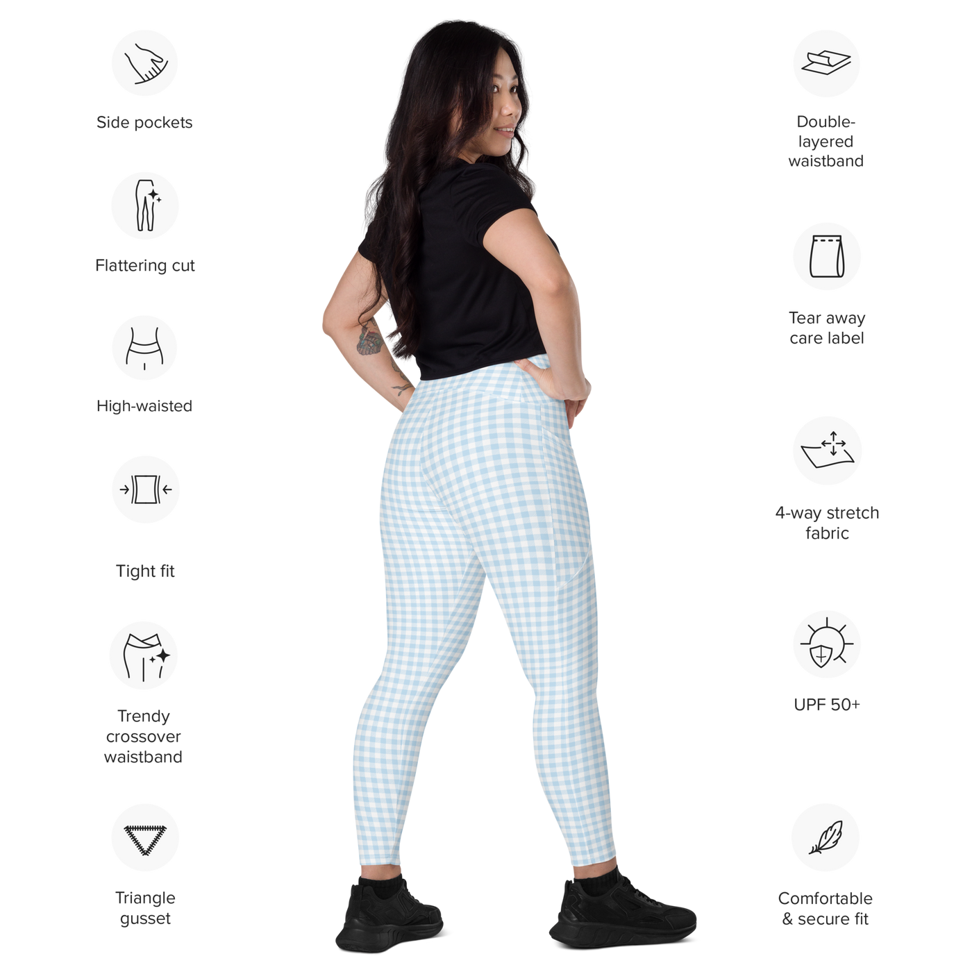 'Blue Gingham' Crossover Leggings with pockets
