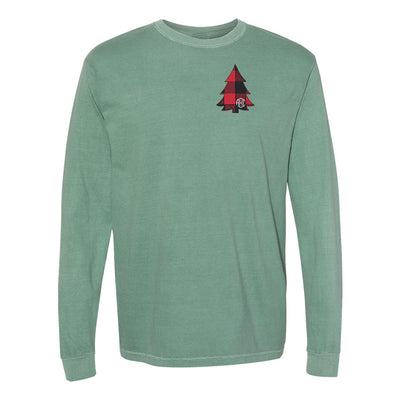 Monogrammed Buffalo Check Christmas Tree Comfort Colors Long Sleeve T-Shirt