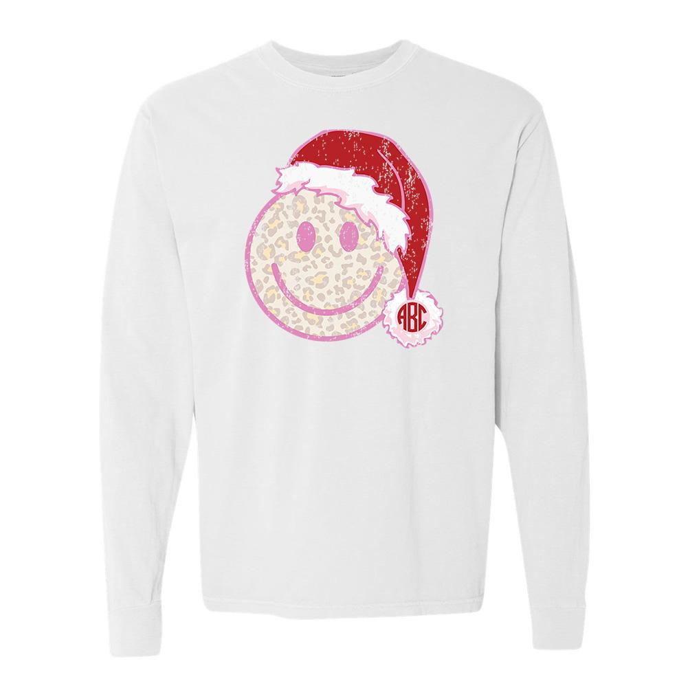 Monogrammed 'Leopard Smiley Santa' Long Sleeve T-Shirt