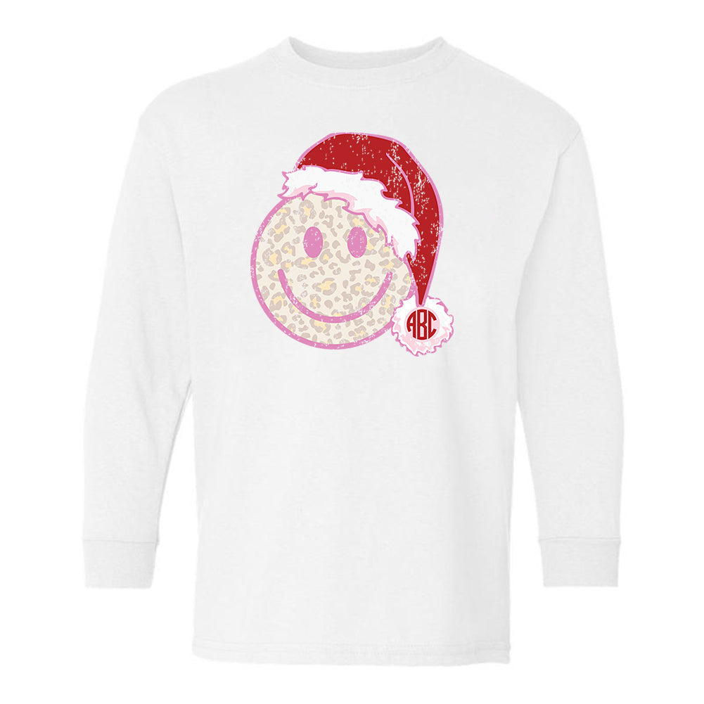 Kids Monogrammed 'Leopard Smiley Santa' Long Sleeve T-Shirt