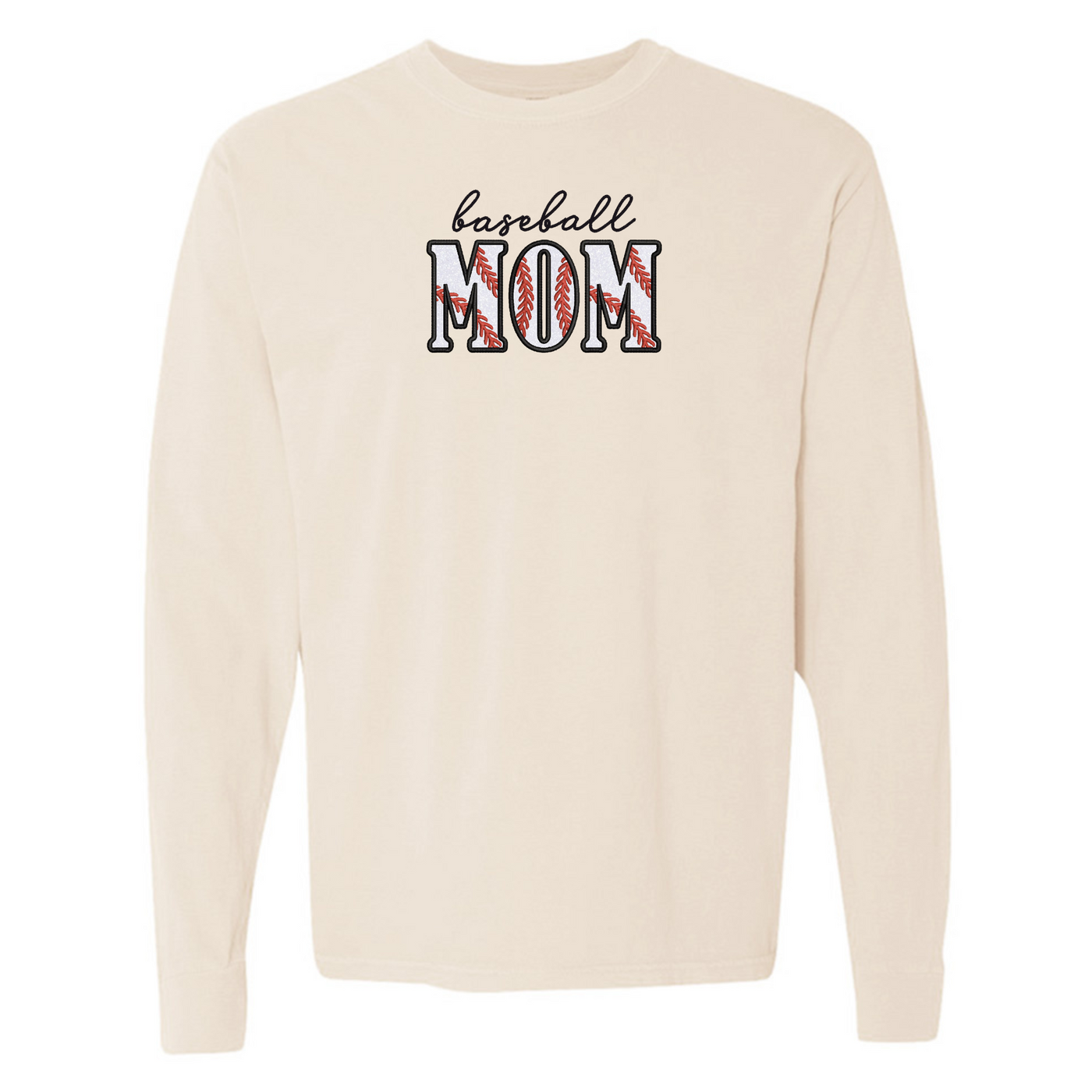 Glitter Embroidery 'Baseball Mama/Mom' Embroidered Long Sleeve T-Shirt