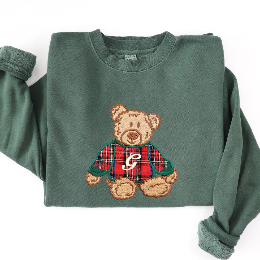 Initialed ‘Classic Christmas Teddy’ Plaid Embroidery Cozy Crew