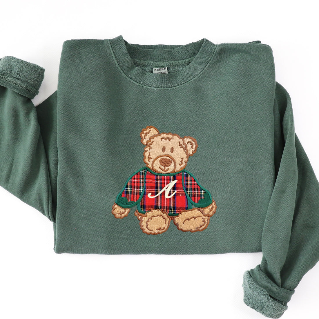 Initialed ‘Classic Christmas Teddy’ Plaid Embroidery Cozy Crew