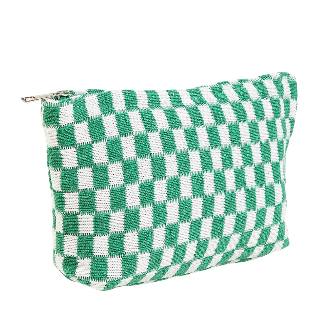 Green and white checkered pouch on a white background