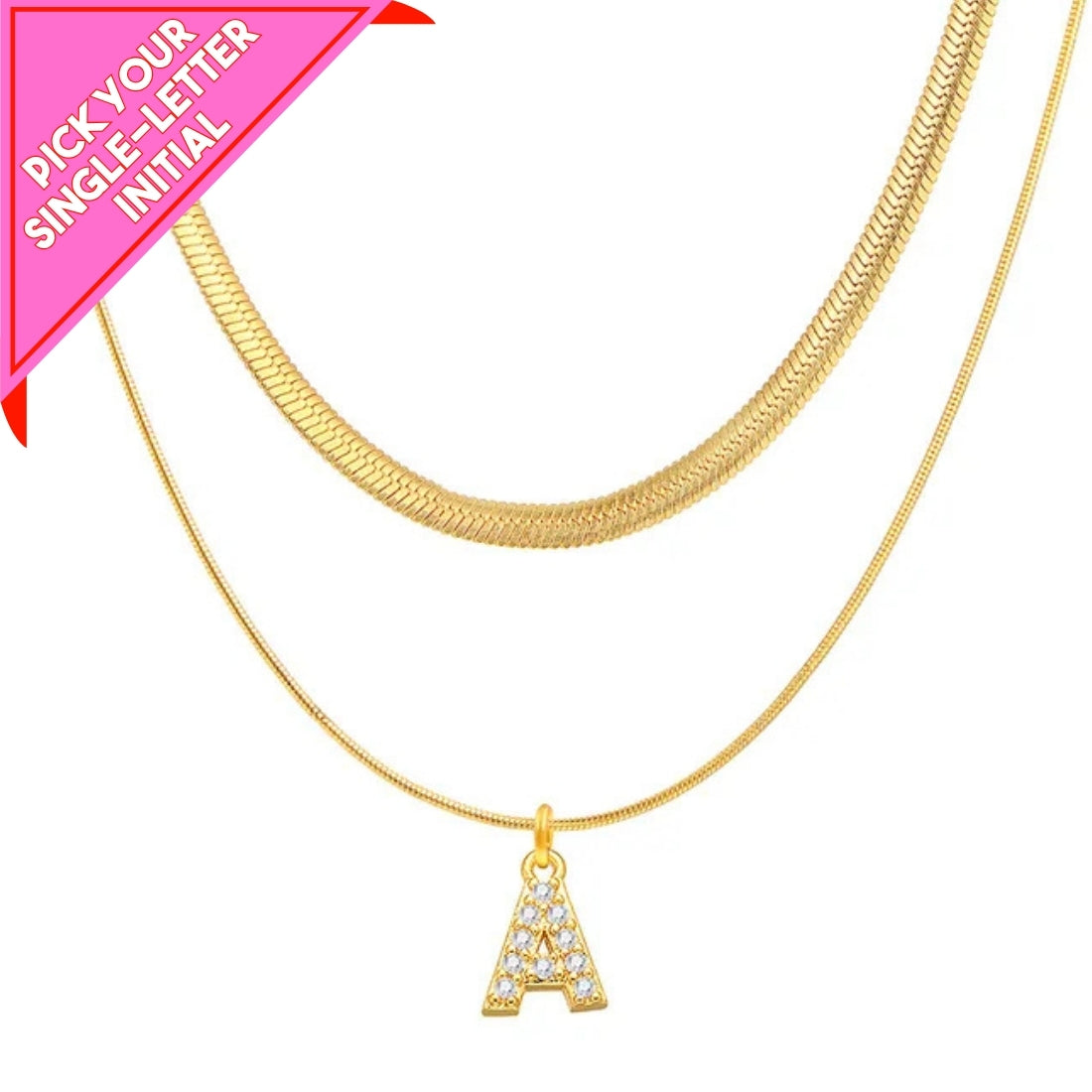 Gold necklace with a letter 'A' pendant on a white background