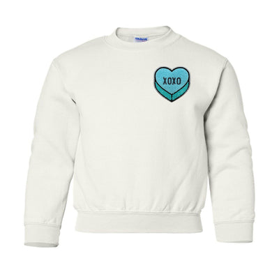 Kids 'Tiffany Blue XOXO Candy Heart' Letter Patch Crewneck Sweatshirt
