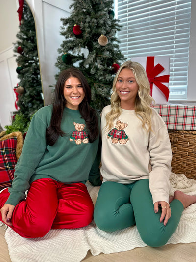 Initialed ‘Classic Christmas Teddy’ Plaid Embroidery Cozy Crew