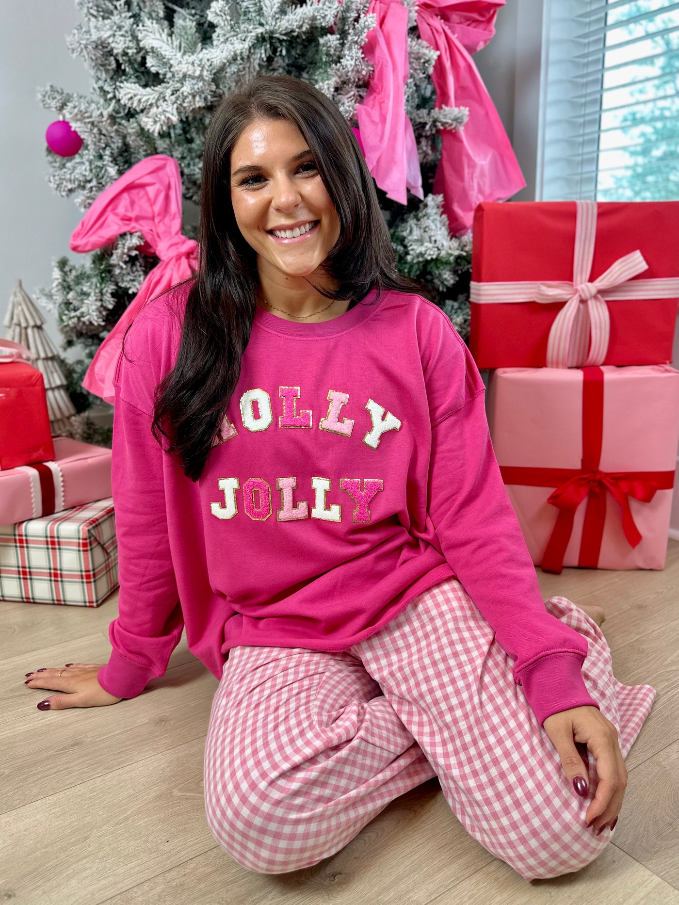 'Holly Jolly' Letter Patch Raw Edge Crew