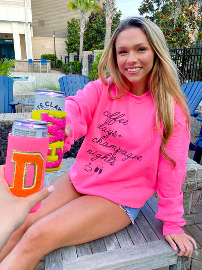 Monogrammed 'Coffee Days + Champagne Nights' Neon Crewneck Sweatshirt