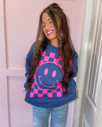 'Smiley Check' Puff Design Crewneck Sweatshirt