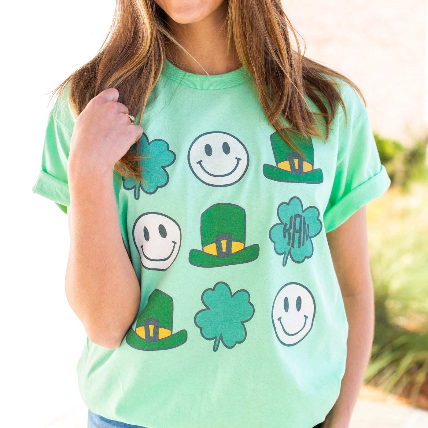 Monogrammed 'Leprechaun, Shamrock & Smileys' Basic T-Shirt
