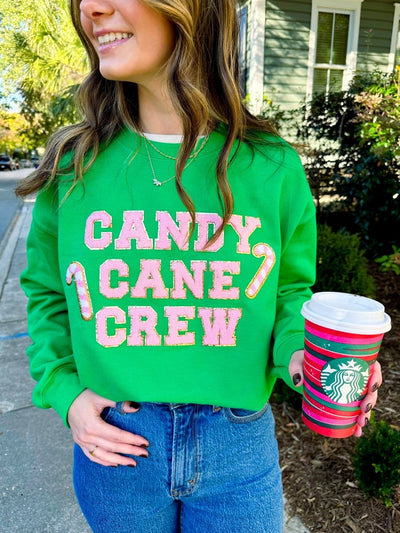 'Candy Cane Crew' Letter Patch Crewneck Sweatshirt - United Monograms