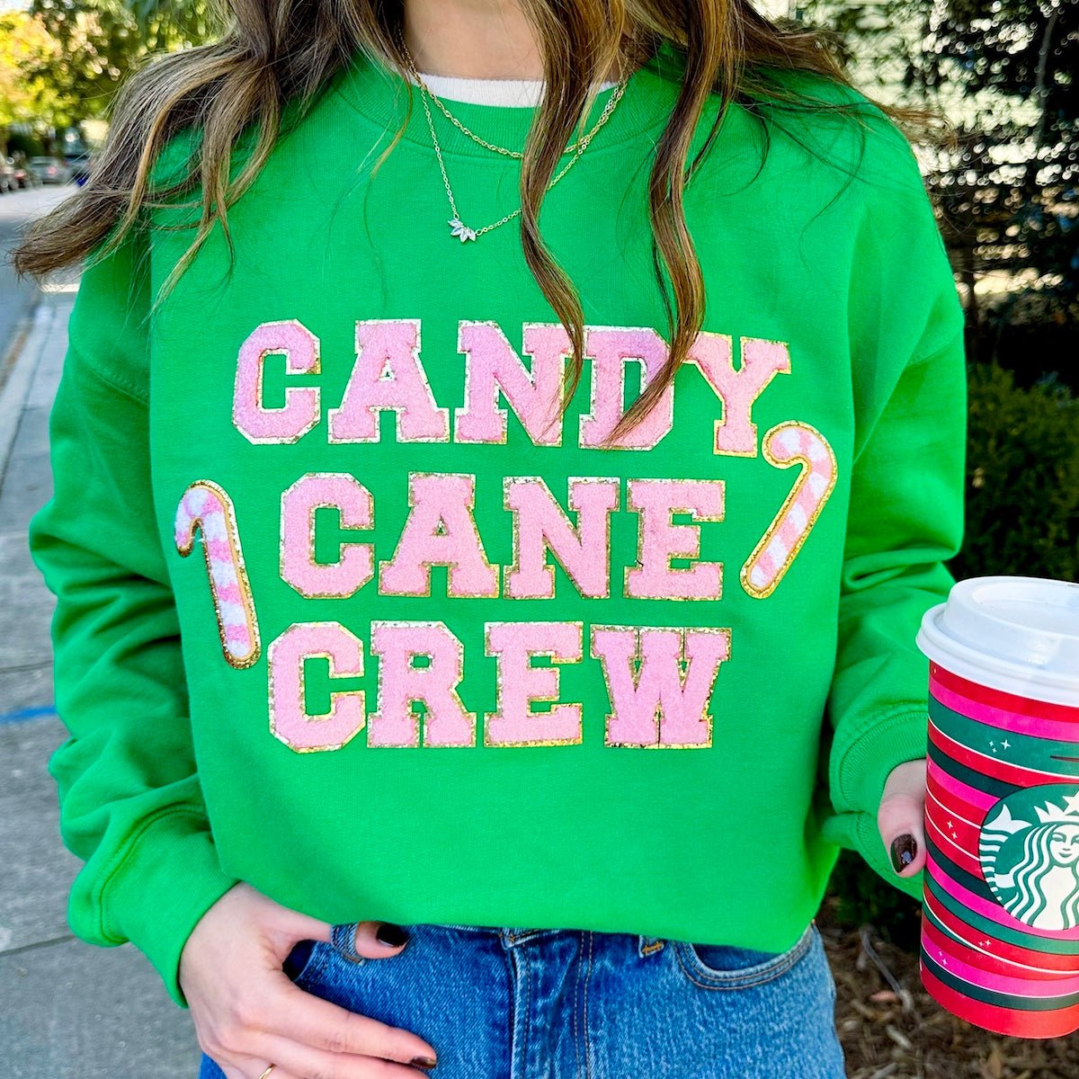 'Candy Cane Crew' Letter Patch Sweatshirt - United Monograms