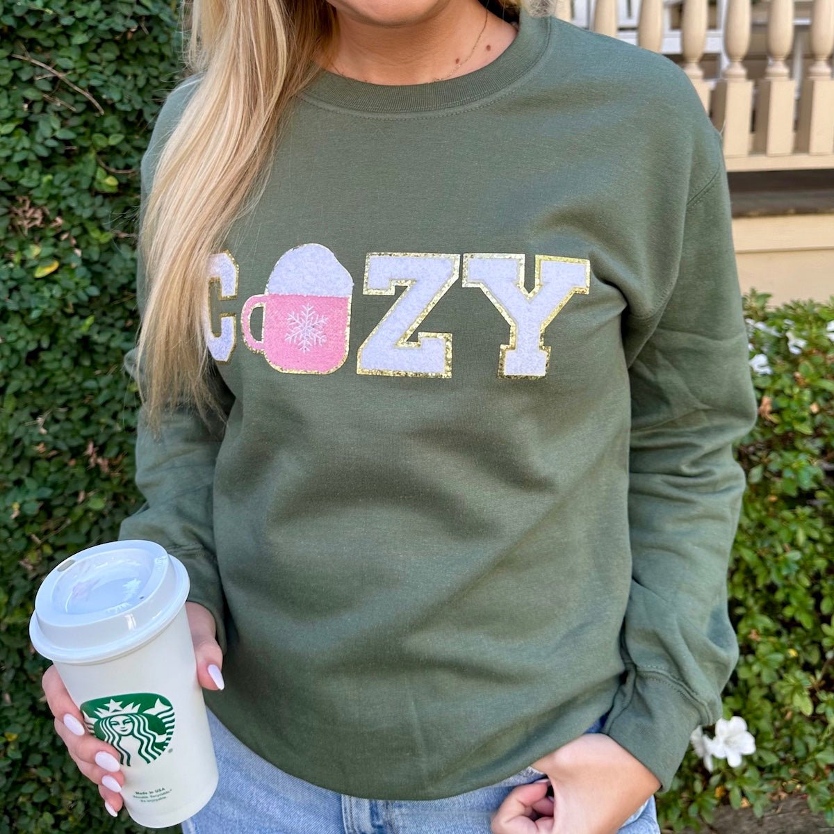 'Cozy' Letter Patch Crewneck Sweatshirt - United Monograms
