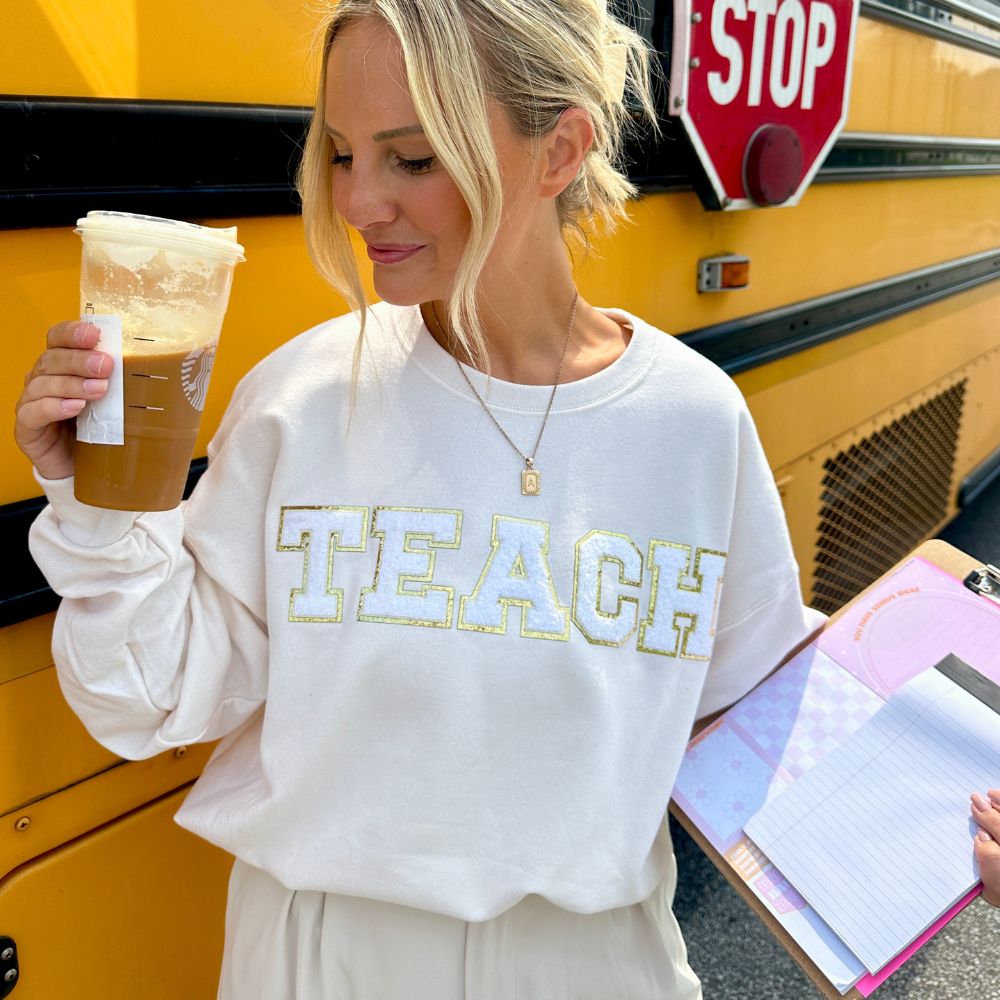 Cream & White 'Teach' Letter Patch Sweatshirt - United Monograms