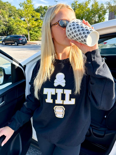 'Dead Til Coffee' Letter Patch Crewneck Sweatshirt - United Monograms