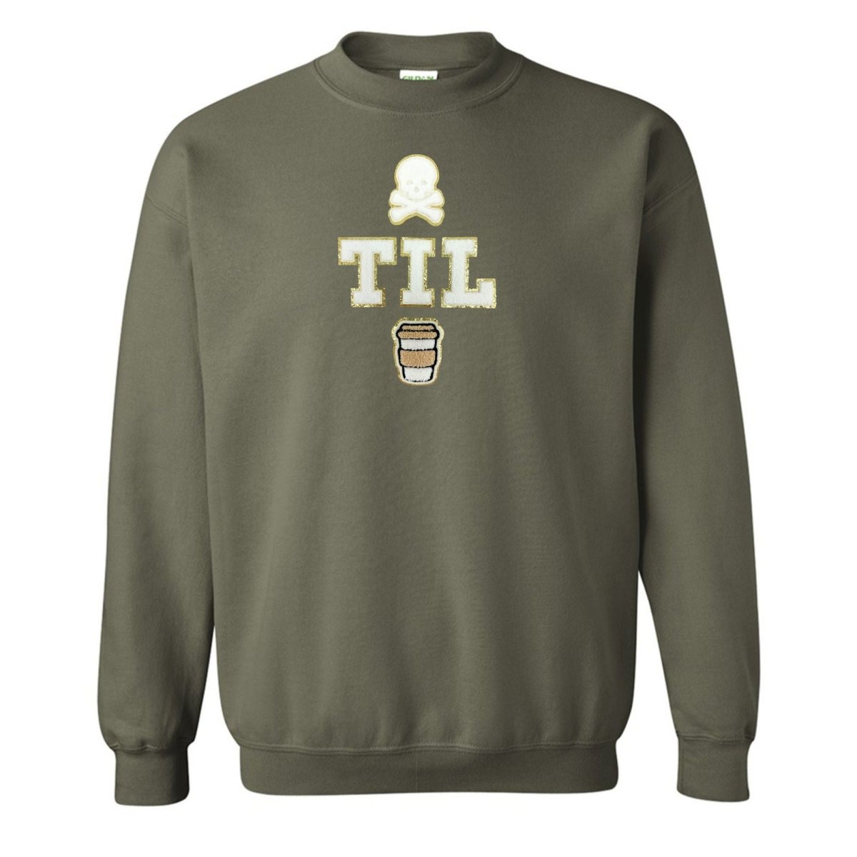 'Dead Til Coffee' Letter Patch Crewneck Sweatshirt - United Monograms