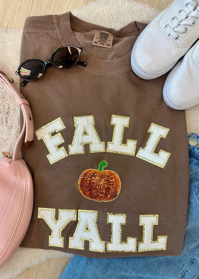 'Fall Y'all Pumpkin Sparkle' Letter Patch T-Shirt - United Monograms