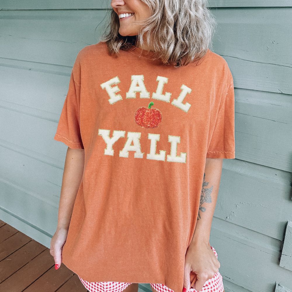 'Fall Y'all Sequin Pumpkin' Letter Patch T-Shirt - United Monograms