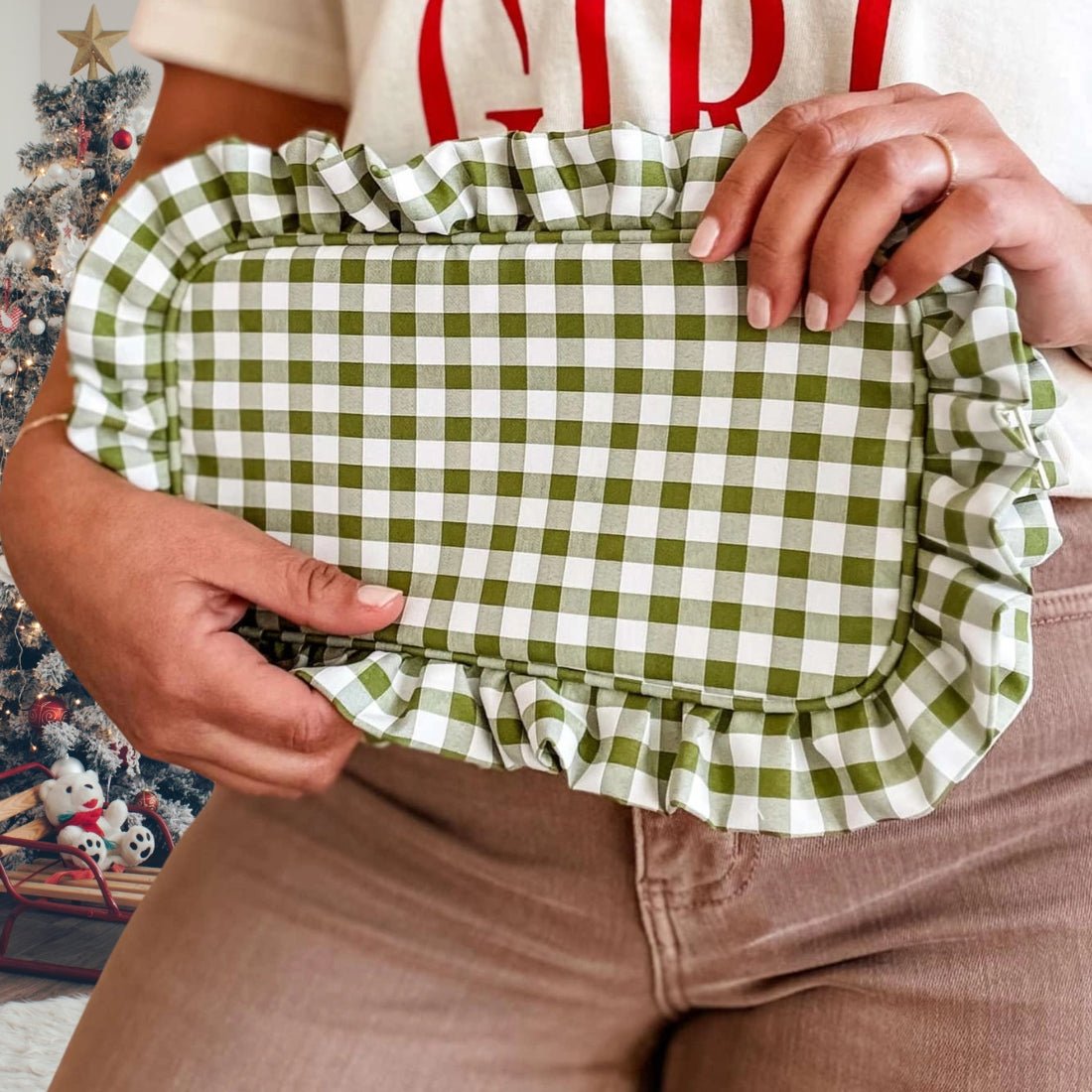 Gingham 'Touch - Up Time' Ruffle Cosmetic Bag - United Monograms