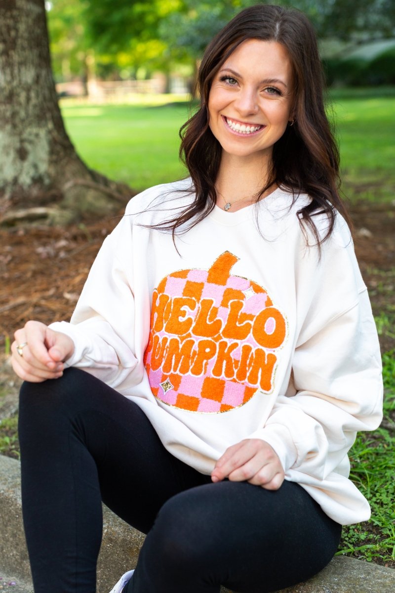 'Hello Pumpkin' Letter Patch Crewneck Sweatshirt - United Monograms