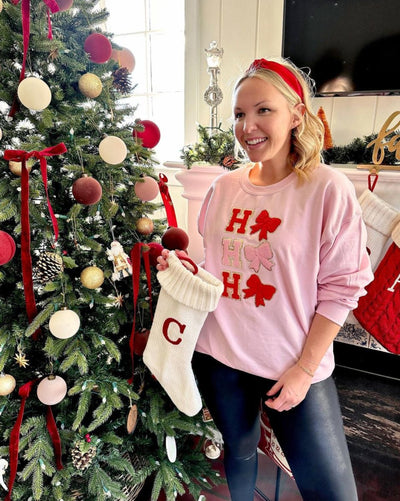 Ho Ho Ho Bows Letter Patch Crewneck Sweatshirt - United Monograms