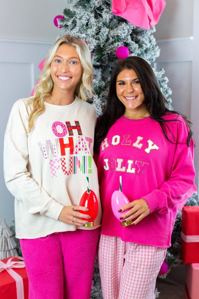 'Holly Jolly' Letter Patch Raw Edge Crew - United Monograms