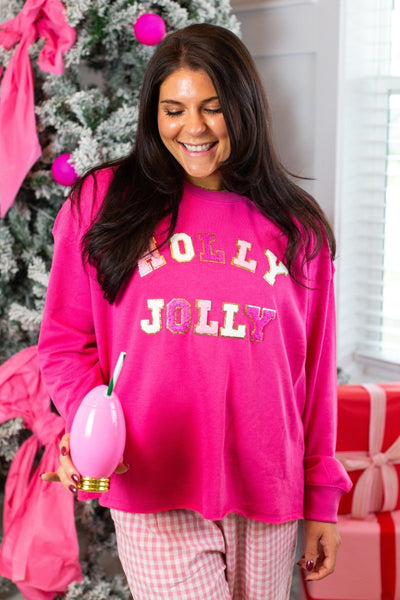 'Holly Jolly' Letter Patch Raw Edge Crew - United Monograms