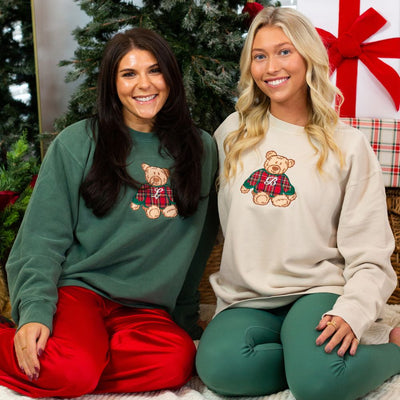Initialed ‘Classic Christmas Teddy’ Plaid Embroidery Cozy Crew - United Monograms