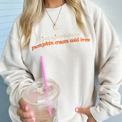 'Just A Girl Who Loves Pumpkin Cream Cold Brew' Cozy Crew - United Monograms