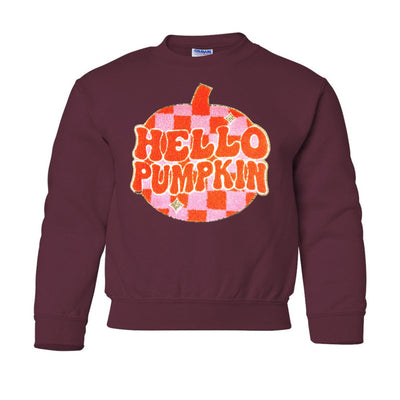 Kids 'Hello Pumpkin' Letter Patch Crewneck Sweatshirt - United Monograms