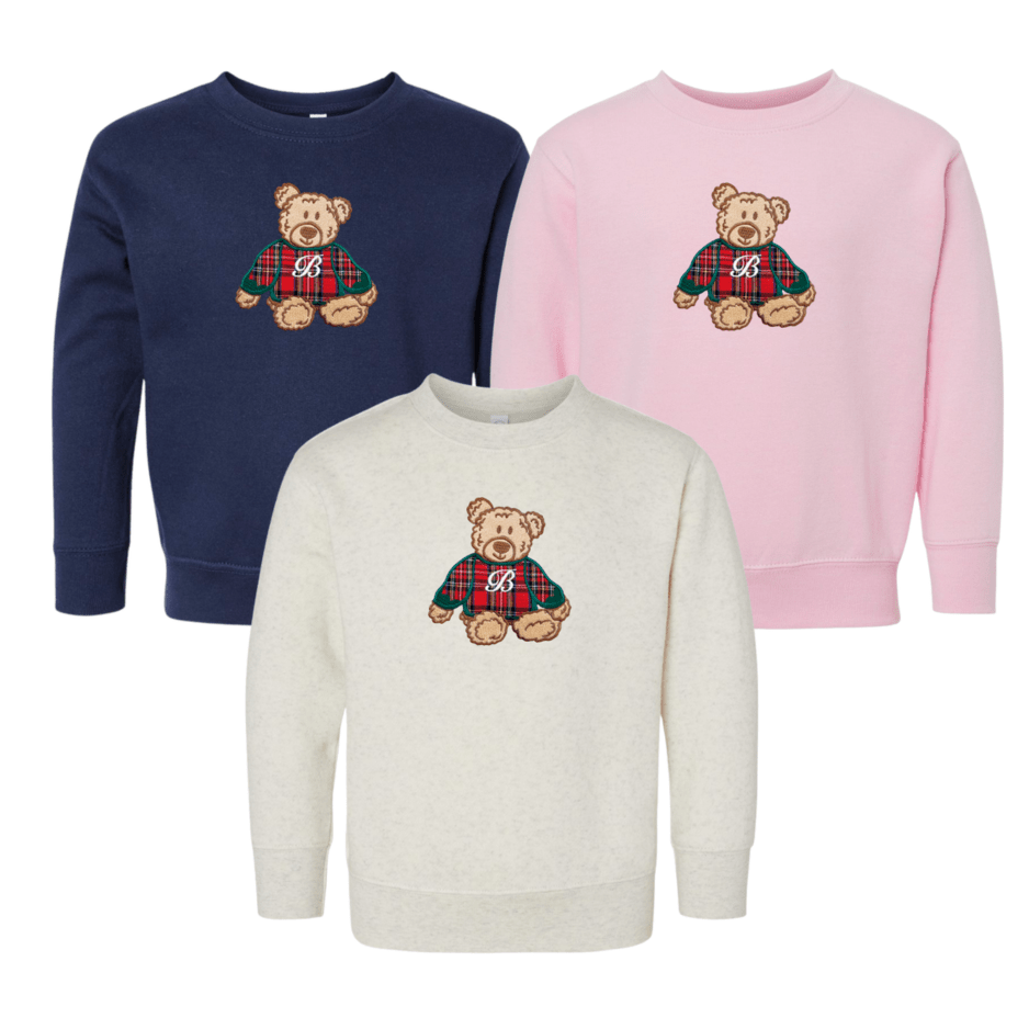 Kids Initialed ‘Classic Christmas Teddy’ Plaid Embroidery Crew - United Monograms