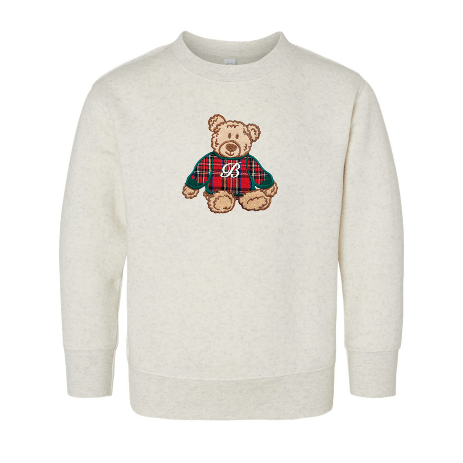 Kids Initialed ‘Classic Christmas Teddy’ Plaid Embroidery Crew - United Monograms