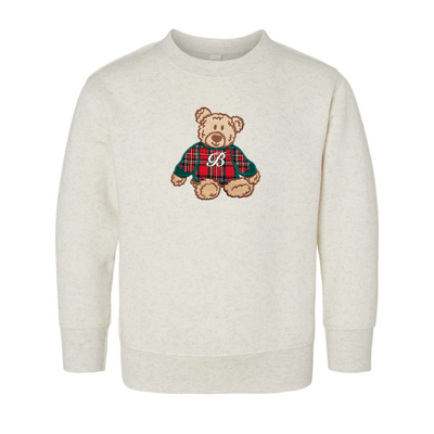Kids Initialed ‘Classic Christmas Teddy’ Plaid Embroidery Crew - United Monograms