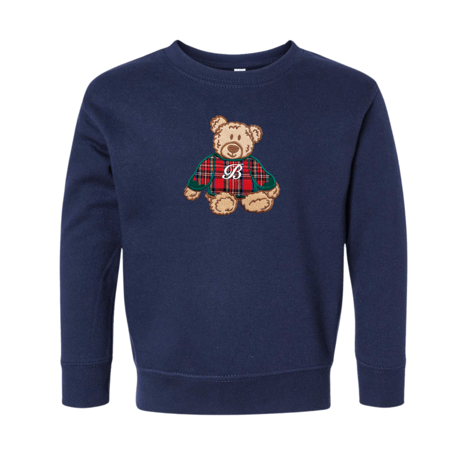 Kids Initialed ‘Classic Christmas Teddy’ Plaid Embroidery Crew - United Monograms