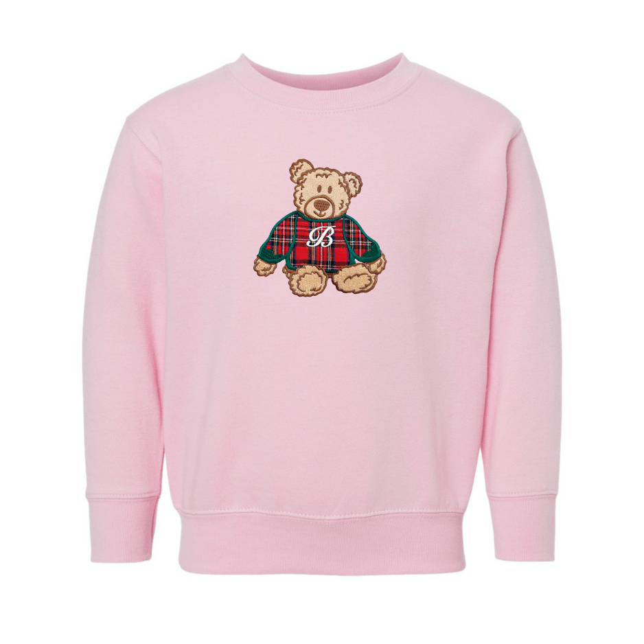 Kids Initialed ‘Classic Christmas Teddy’ Plaid Embroidery Crew - United Monograms