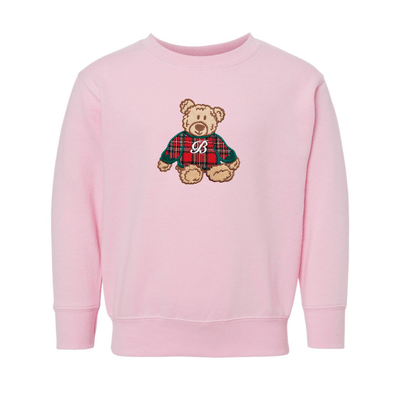 Kids Initialed ‘Classic Christmas Teddy’ Plaid Embroidery Crew - United Monograms