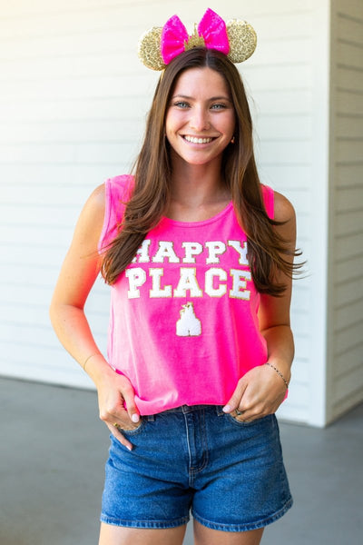 Letter Patch 'Happy Place' Neon Tank Top - United Monograms